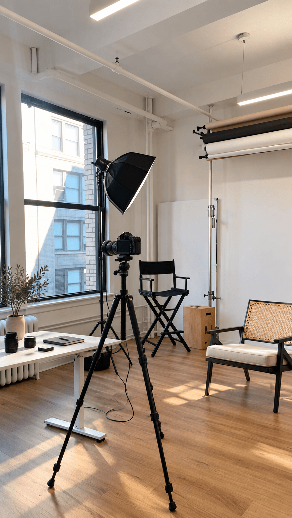 Professional camera and lighting equipment in a daylight content studio